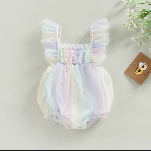 Pastel Rainbow Tulle Romper Clothes Outfit First Birthday Clothes Care Bears - Picture 6 of 12